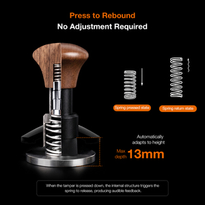Prensador de Café Manual con Base de Acero Inoxidable y Mango de Madera Ecológico y Duradero de 51 mm, 53 mm, 58 mm, con Resorte y Autonivelación - Product Image 5