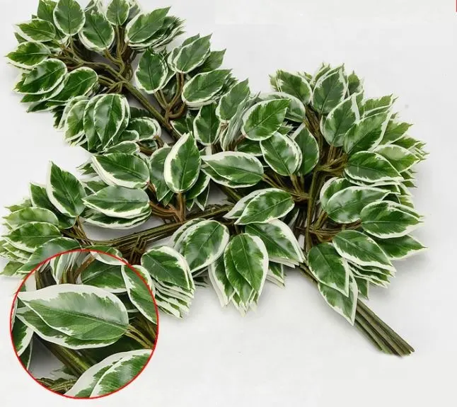 プラスチックシルク生地白と緑の葉人工マグノリアカエデイチジク枝と葉
