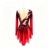 Robe de patinage artistique à imprimé flamme rouge et noir, manches longues, dos profondement ouvert, jupe ornée de strass pour compétition et performance des adultes et des enfants