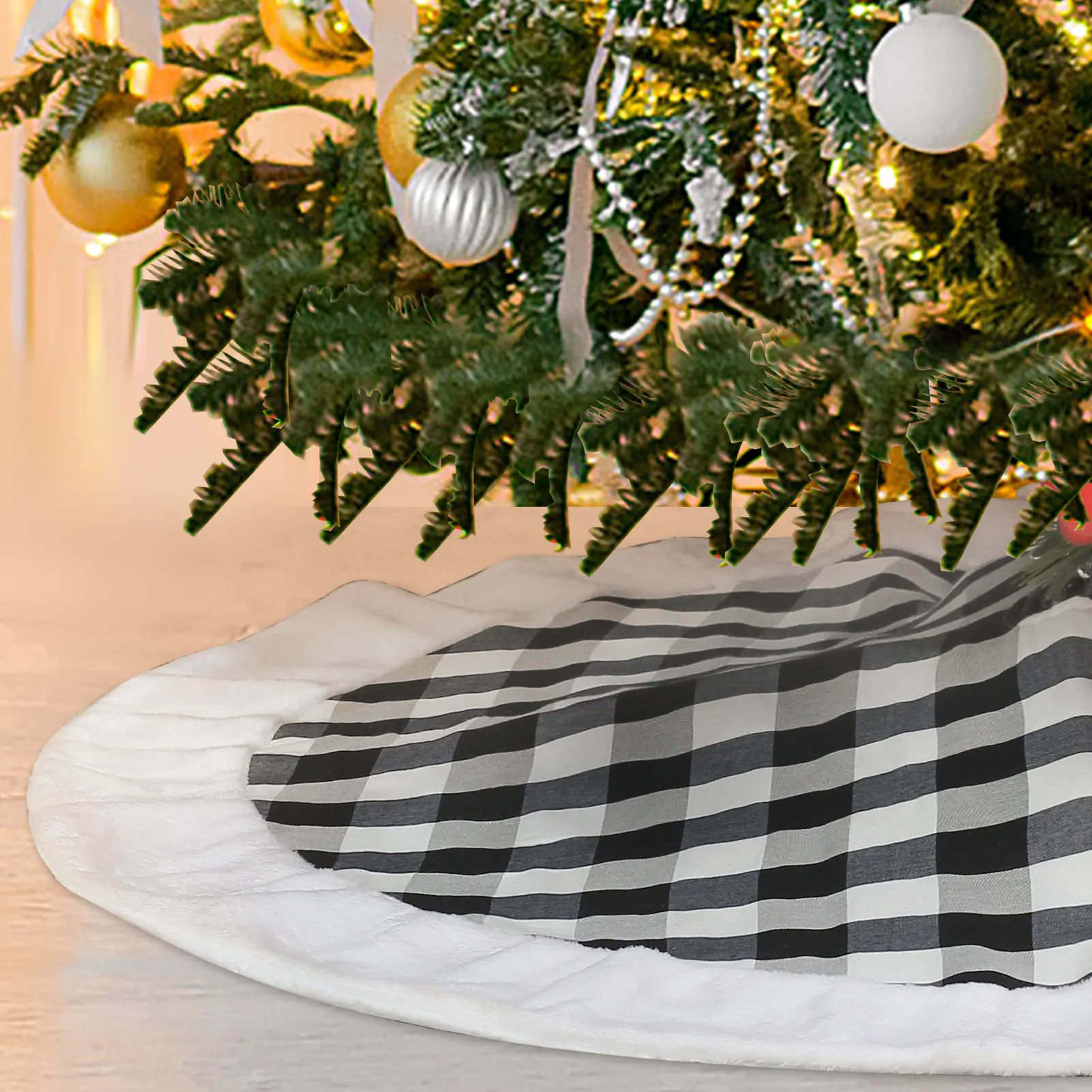 46"/35" Black White Buffalo Plaid Splicing Faux Fur Christmas Tree Skirt New Year Christmas Tree Foot Cover