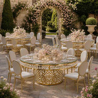 Luxuriöser Kristall-Gold Runder Esstisch Gehärtetes Glas Edelstahl-Sockel für Hochzeit Bankett Hotel Event