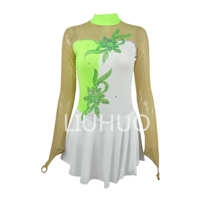 LIUHUO figurschuhe Kostüm Leistungskleidung hochwertige kundenspezifische kinder-Frauen-Schlittschuhlaufsbekleidung grüne Farbe