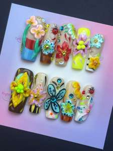 Ongles à presser longs réutilisables ShuangYu personnalisables en acrylique 3D, motif fleur et papillon, forme carrée, hypoallergéniques, application facile, protection renforcée - Product Image 6