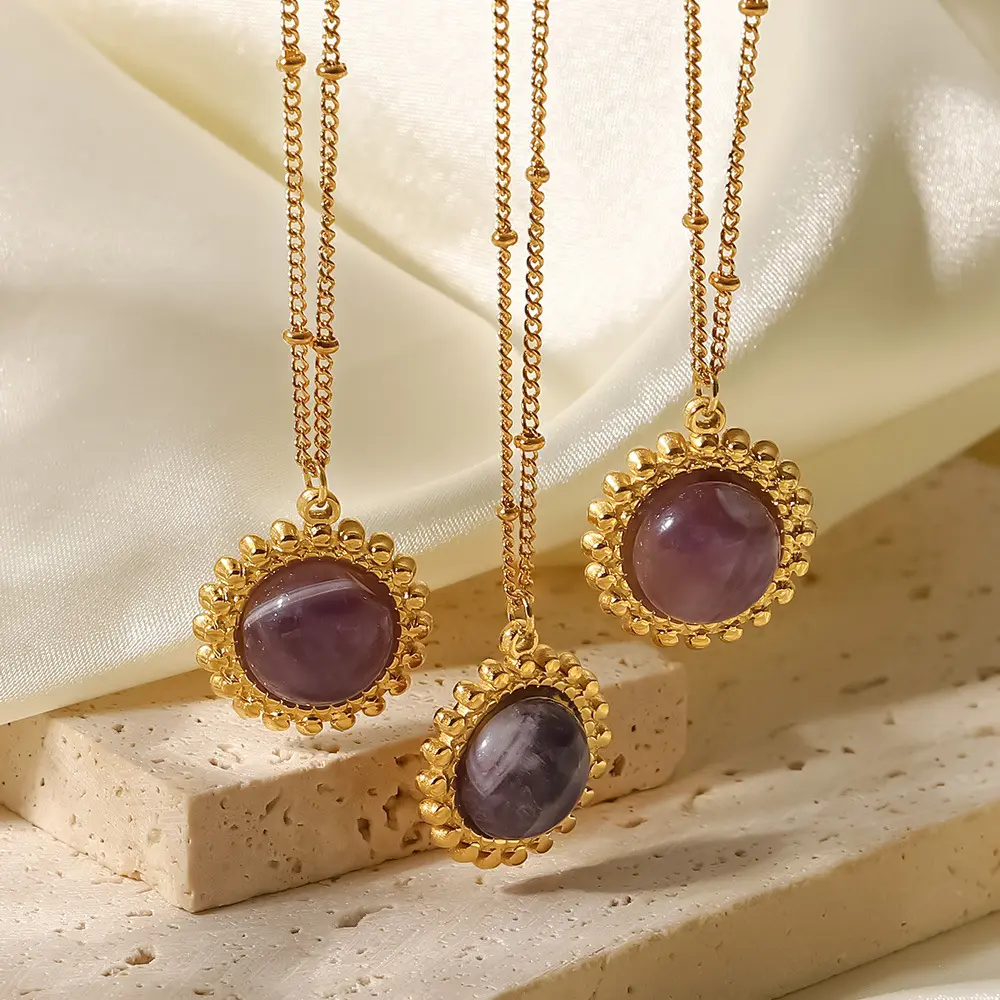 18K Gold Plated Purple Semi-precious Stone Pendant Necklace Stainless Steel Jewelry Women's Vintage Romantic Cuban Link Chain