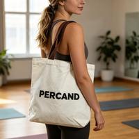 Tas Tote Kanvas Besar Cetak Logo Kustom Pola Huruf Katun Organik Panjang Dapat Digunakan Kembali untuk Yoga Studio Gym Belanja Sehari-hari