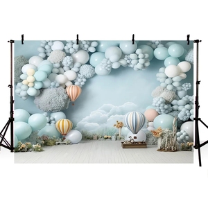 Nhiếp ảnh nền cậu bé khinh khí cầu bữa tiệc sinh nhật bầu trời xanh đám mây trắng bối cảnh bánh đập vỡ trang trí studio ảnh - Product Image 1