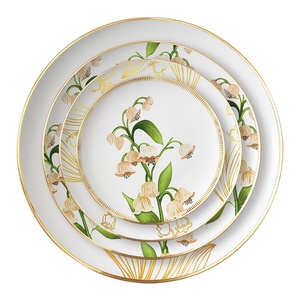Elegant Gold Floral Ceramic Dinnerware <b>Set</b> Round Glam Style Handpainted Dishwasher Safe for Wedding Occasion - Product Image 5
