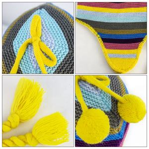 หมวกไหมพรมปอมปอมปอมคู่สำหรับเด็กมีลวดลายหลากสีหมวกฤดูหนาวถักแบบมีที่ปิดหูสำหรับเด็กผู้หญิงหรูหรา - Product Image 4