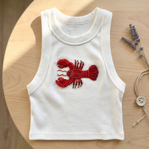 Top Corto Blanco de Algodón de Lujo con Nervaduras, Hecho a Mano, de Alta Calidad, con Bordado de Langosta Roja con Cuentas, Sin Mangas, para Mujer, Verano, Casual - Product Image 2