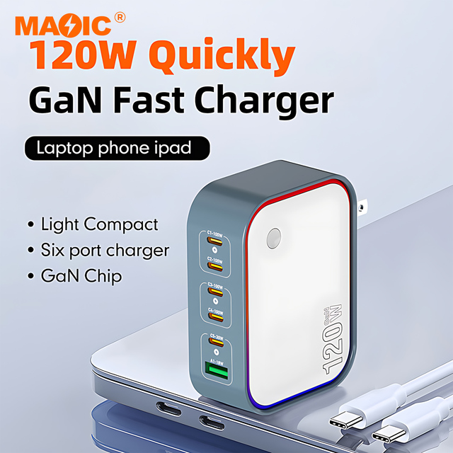 Compact 120W GaN USB C Charger 6 Port PD100W USB Hub Fast Wall Plug Travel Charger for MacBook Dell HP Samsung