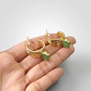Luxury jewelry chryso chalcedony <b>hoop</b> <b>earring</b> <b>solid</b> brass 18k gold plated designer texture minimalist chunky gemstone ear <b>hoops</b> - Product Image 5