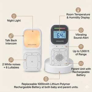 Moniteur audio pour bébé avec alerte sonore vibrante, capteur de température et d'humidité ambiante, veilleuse, berceuses et bruit blanc - Product Image 2