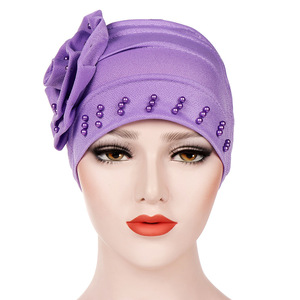 Turban musulman tendance à fleurs et perles, couleur unie, pour femme indienne, bonnets hijab prêts à porter, sous-hijabs - Product Image 4