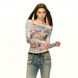 T-shirt da <span class=keywords><strong>donna</strong></span> a manica lunga monospalla in mesh, slim fit, con stampa integrale casuale di <span class=keywords><strong>immagini</strong></span> di angeli a doppio strato, di alta qualità - Product Image 4