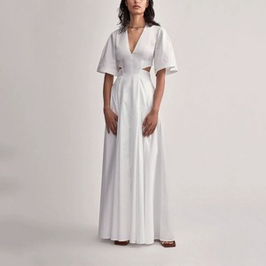 2023 Plain Ladies Summer Clothing V Neck Show Back Waist Pure <strong>White</strong> <strong>Maxi</strong> Pleated Elegant Gentle Women's Dress - Product Image 2