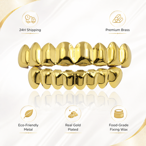 YYN Juego de Grillz Dentales de Latón Ecológico Chapado en Oro de 14K con Zirconia Completa para Dientes Superiores e Inferiores para Hombres - Product Image 1
