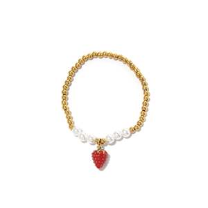 Pearl <b>Bracelet</b> With Strawberry Charm <b>Gold</b> Plated Stainless Steel Sustainable Resistant Jewelry For Women - Product Image 1