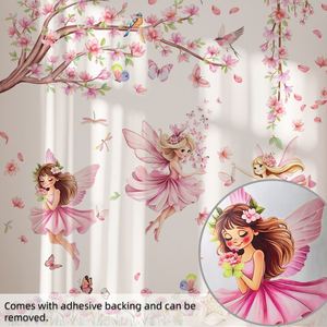 Décoration Murale Autocollante Rose avec Branche d'Arbre, Oiseau, Papillon et Fée pour Chambre d'Enfant et Décoration Intérieure - Product Image 6