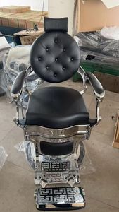Antique Style Black Gold Tufted Leather Barber Shop Styling Shaving Chair Hydraulic Pump Round Base Hairdressing Chair for Sale - Product Image 5