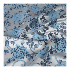 Wholesale new design China blue rose pattern silk stain brocade fabric for formal skirt
