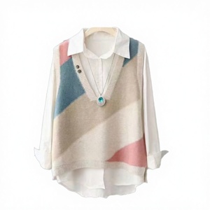 Women's Korean Color Blocking Cold Shoulder Knitted V-neck Sleeveless <b>Vest</b> Casual Autumn Wear <b>Wool</b>/Acrylic Anti-Pilling Regular - Product Image 2