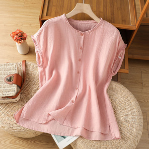 Pink Cotton Linen Blouse Women Short Sleeve Button Front Vintage Style Everyday Shirt - Product Image 1