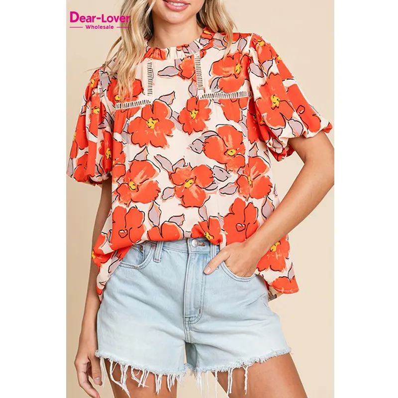 Dear-Lover femme vêtements élégant Orange Floral bulle manches col à volants lâche femmes Blouses