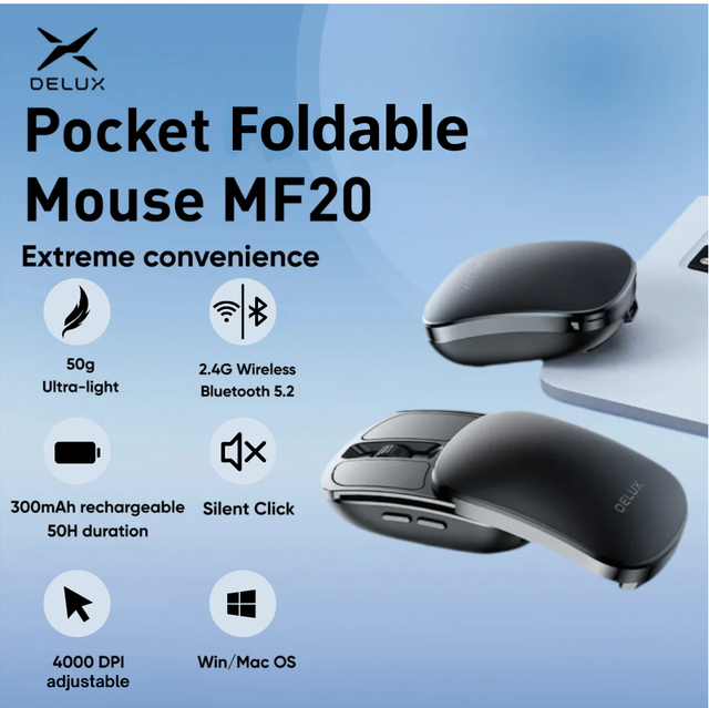 Delux MF20 Wireless Folding Mouse Ultra-light 50g Portable Silent Click 2.4G for Tablet Windows Mac OS Pocket-Friendly