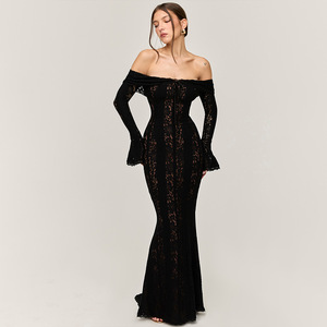 Robe longue moulante en dentelle à épaules dénudées, taille haute, dos nu, robe de soirée, couleur unie, tissu polyester - Product Image 4