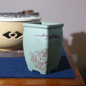 Maceta Cuadrada de Arcilla Verde para Bonsái, Hecha a Mano, Estilo Zen, Su Bing - Product Image 2