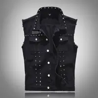Джинсовый жилет для мужчин, ковбойский черный жилет из денима в стиле панк-рок, с заклепками, модная безрукавка в байкерском стиле