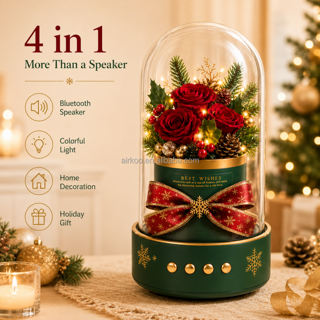 Creative Christmas Decoration and Valentine's Day Gift Glass Dome Rose Bouquet Desktop Ornament Bluetooth Speaker