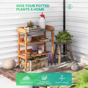 Wooden Multi Tier Shelf 3 Floors With <b>Hooks</b> For <b>Garden</b> Tools And Plants Storage Outdoor Use - Product Image 3