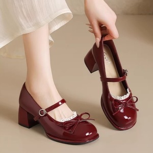 Elegantes Zapatos de Tacón Cuadrado de 3CM Estilo Coreano, Tipo Mary Jane, Color Rojo, con Lazo, para Boda, Nueva Colección Primavera 2026 - Product Image 5