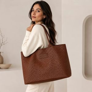 Wholesale Brown Woven PU Leather Tote <b>Bag</b> Women <b>Large</b> Capacity Shoulder Handbag Custom Logo Shopping <b>Bag</b> OEM ODM Factory - Product Image 3