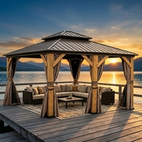 Gazebo extérieur en bois de cèdre naturel avec toit métallique à 2 niveaux, gazebo de patio en bois permanent avec rideaux d'intimité, parfait pour la terrasse
