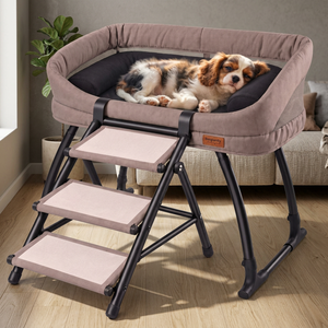 Cama elevada para mascotas con colchón acogedor y escalera de seguridad, junto a la cama del dueño - Product Image 3