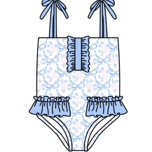 S0752 Traje de Baño Personalizado para Niña Pequeña, Diseño con Lazos Azules, Venta al por Mayor, Traje de Baño de Manga Corta de 2 Piezas - Product Image 1