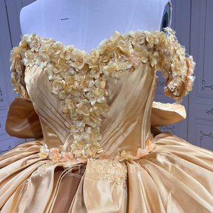 Robes de Quinceañera de luxe Lsmu177 en satin doré, style robe de bal, appliquées, à volants avec traîne, pour filles Jancember - Product Image 3