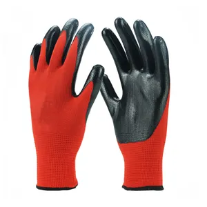Heavy Duty Smooth Work Gloves Nitrile Coated Red Black Firm Grip Nitrile Coated Gloves