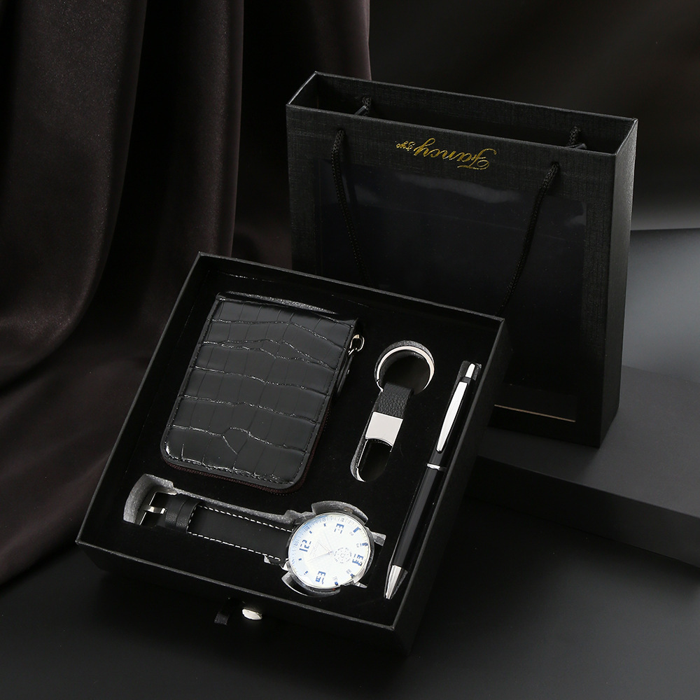 [M2765#Black] 4pc Set: Watch, Wallet, Pen & Keyring