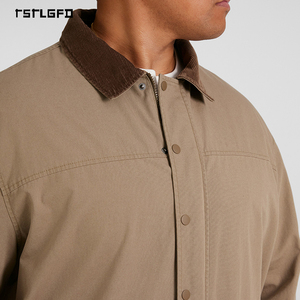 <b>Men</b> Khaki Utility Zip <b>Jacket</b> With Corduroy Collar Multi Pocket Workwear Coat Casual Vintage Outerwear For Autumn Winter Season - Product Image 3