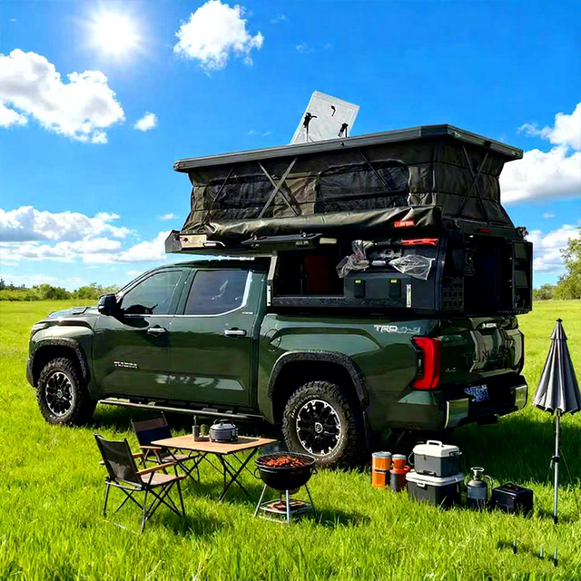 QC Outdoor Camping Soft Roof Top Tent with Pickup Truck Camper Aluminum Pop-Up Camper