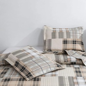 <strong>Neutral</strong> Tones Plaid Patchwork Quilted <strong>Bedding</strong> <strong>Set</strong> with Cotton Patchwork Quilted <strong>Bedding</strong> <strong>Set</strong> with Cotton Bed Cover Beauty - Product Image 4