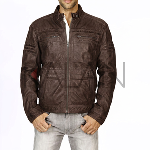 KLJM5 Veste en cuir de mouton à col montant pour homme 100% toile grise en coton texture cirée avec bouton à boucle pression - Product Image 3