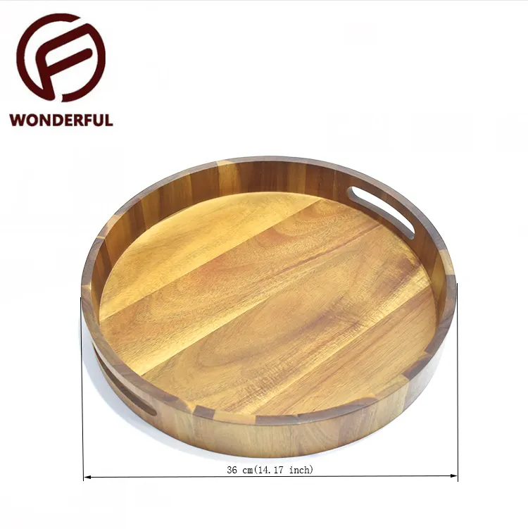 High Grade Practical Round TWO Handle Decor Storage Soild Fruit Food Wooden Serving Trays