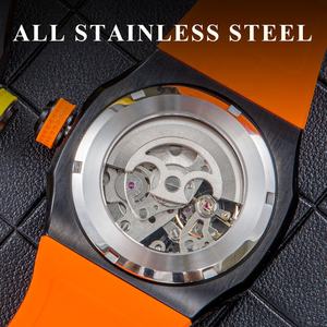 Montres de luxe personnalisées, montre squelette pour hommes avec logo, montre-bracelet mécanique à bracelet en silicone, montre automatique étanche 5atm pour hommes - Product Image 6