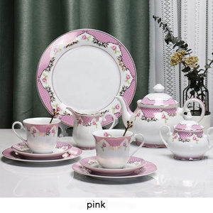 Juego de Tazas y Platos de Porcelana con Diseño Floral Cuadriculado en Rosa y Azul, Estilo Europeo, Venta Directa de Fábrica, Material Cerámico - Product Image 4