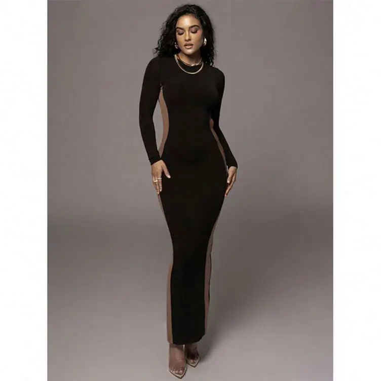 Langärmelige Winter-Bodycon Maxi lange Kleider für Damen neues Patchwork ausgehöhlt schlank sexy braun schwarz Abendparty-Kleid