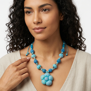 Bohemian Flower Eco-friendly Gold Plated Handmade Beaded <b>Necklace</b> Unisex Statement Jewelry <b>Blue</b> Color Unique Design - Product Image 2